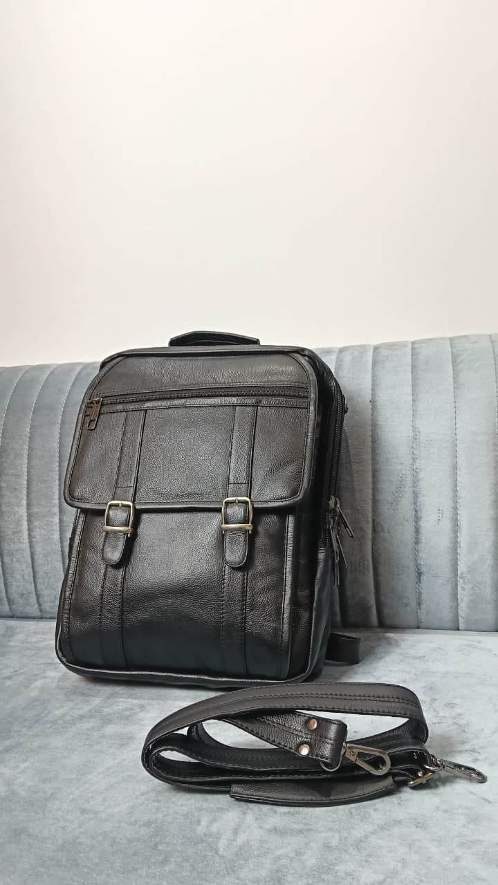 Genuine Cow Leather Dual Lock Bag- Black